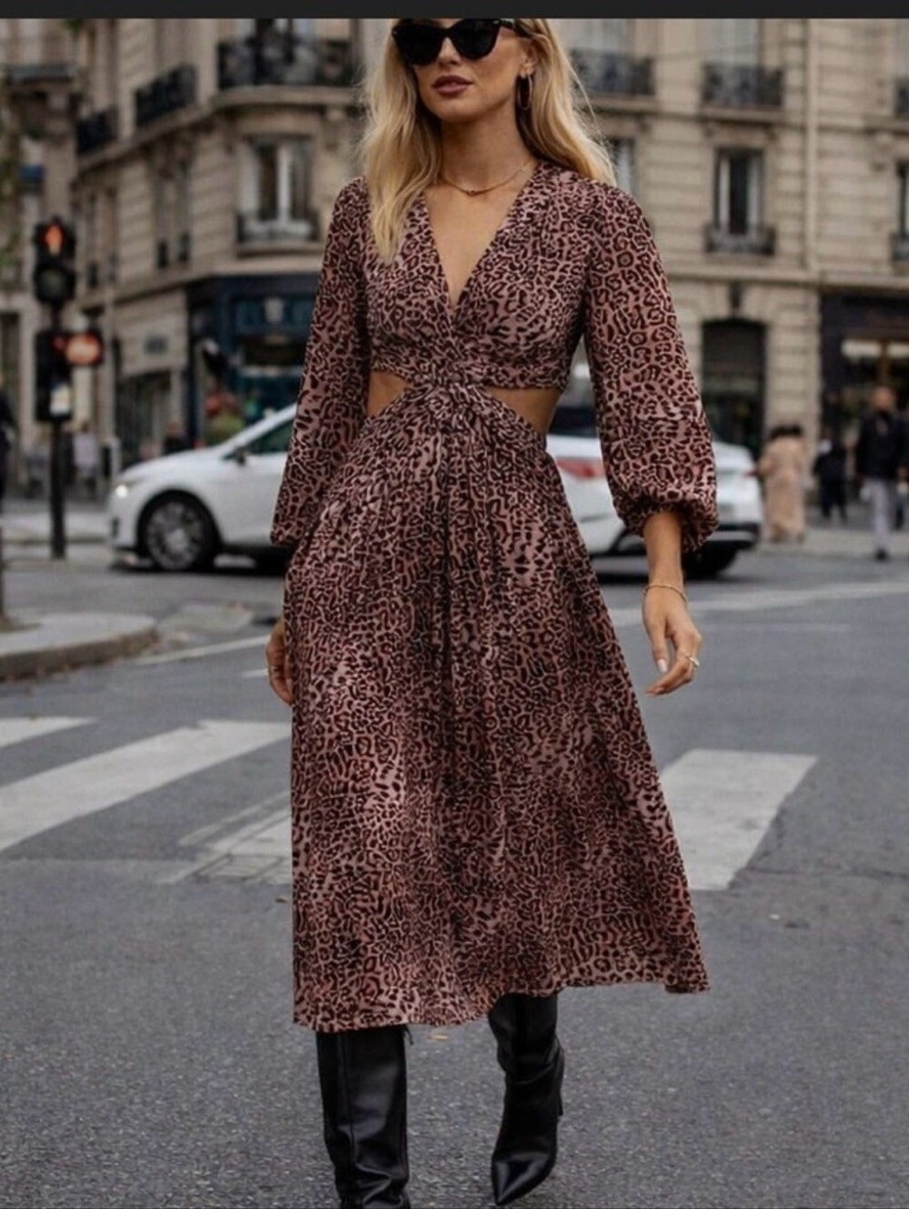 $189 RANNA GILL | ANTHROPOLOGIE Midi Dress Leopard Print Brown Black Small